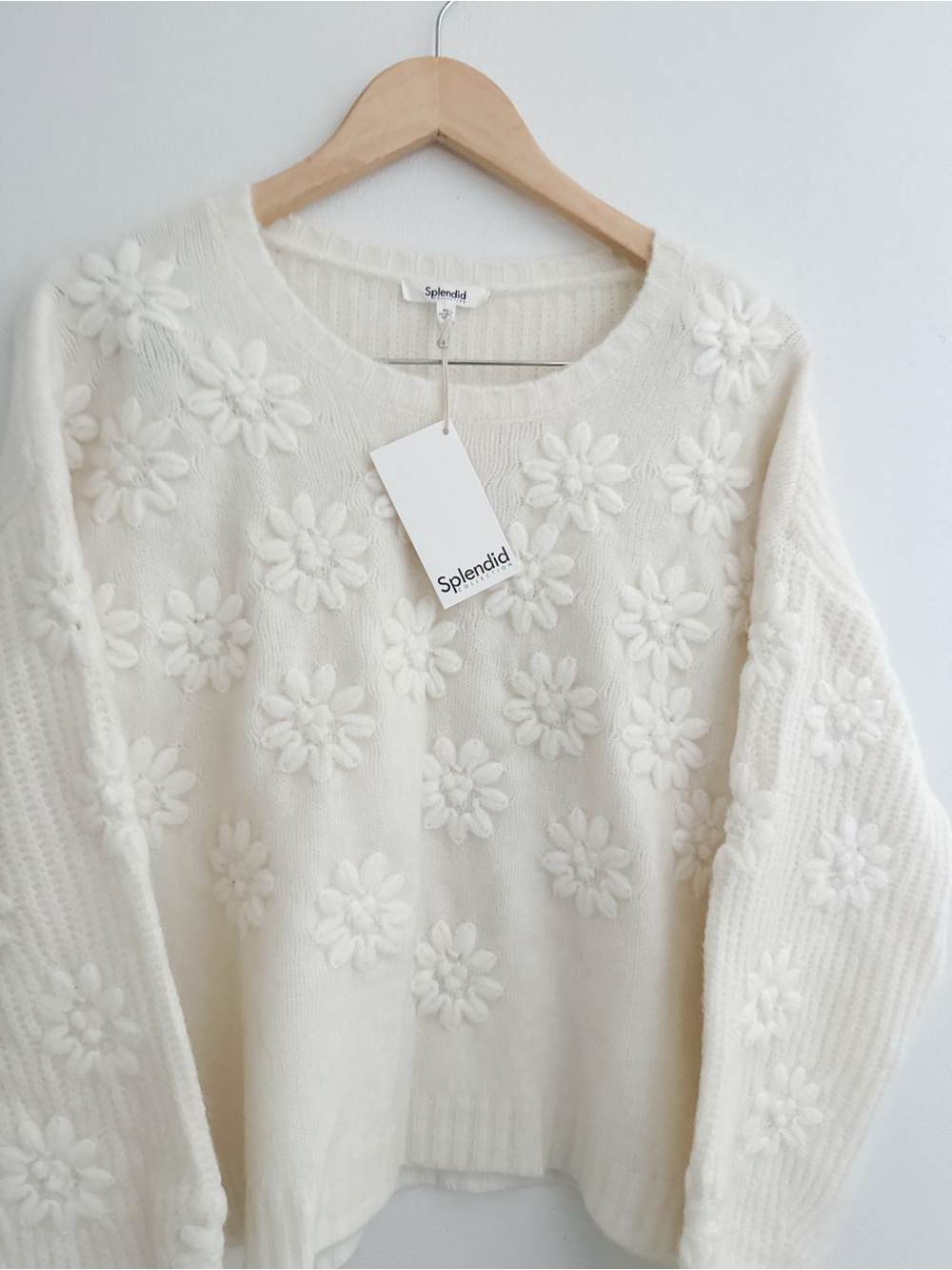 Splendid Cream Floral Appliqué Crew Neck Sweater